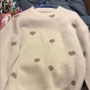 Cozy Heart Pattern Sweater - Cream and Brown
